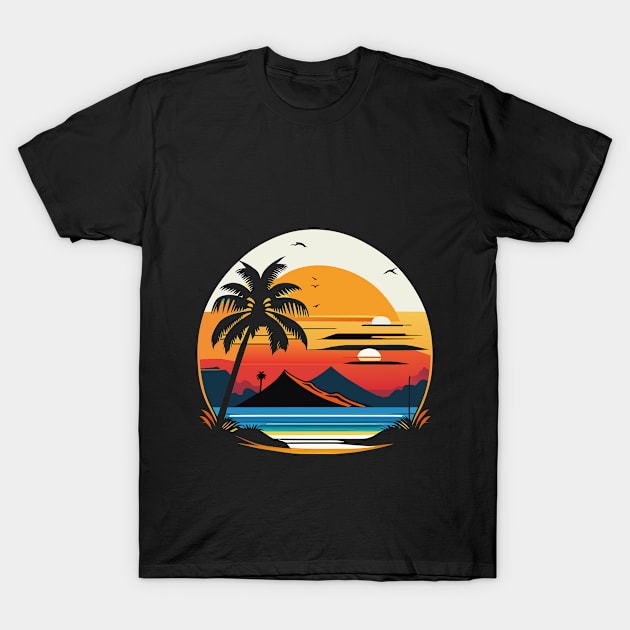 Golden Hour Beauty: Palm Trees, Mountains, and the Beach T-Shirt by linann945